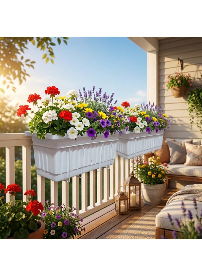 Rectangular Planter Pot Set with Built-in Drainage Dish 20x40cm 3 Pieces with 3 Metal Stand for Hanging Balcony -white - Image 3